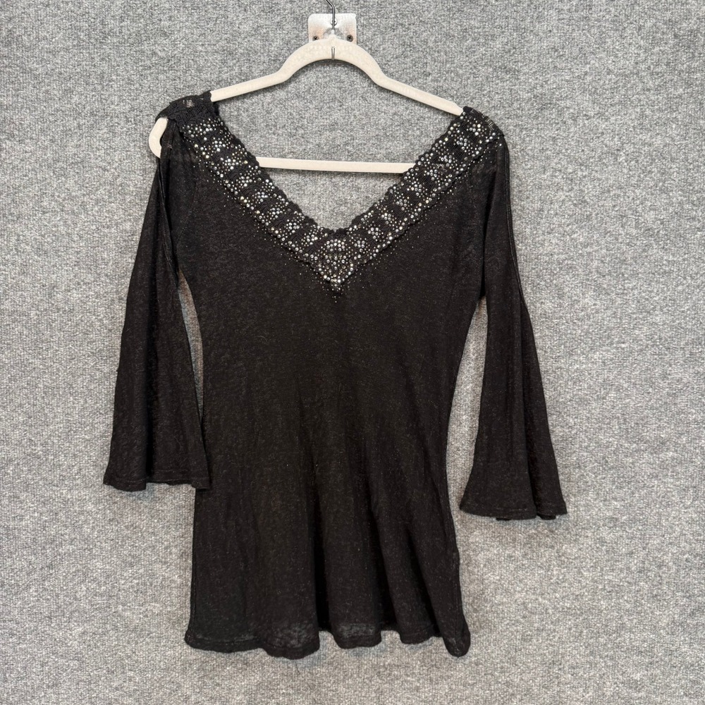 Whimsigoth Shirt Womens Small Black Studded Bell Sleeve Boho Fairy‎ Goth Y2K